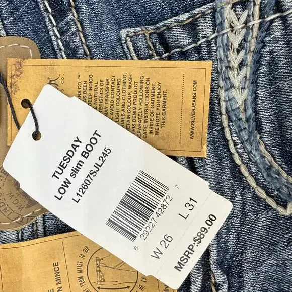 Silver Jeans Women's 26x31 (2) Blue Tuesday Fit Low Slim Boot Western NWT - Picture 8 of 14